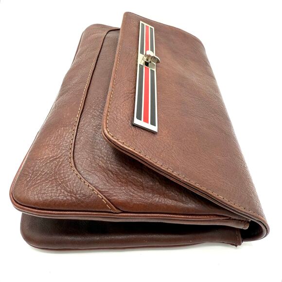 Vintage 60s Taurus Brown Leather Clutch Bag w/ Red Enamel Clasp Mod Purse - Picture 4 of 16